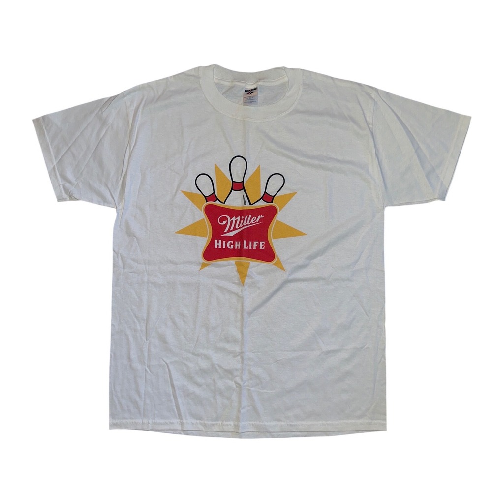 Vintage‎ Jerzees Miller High Life Bowling Beer Graphic Tee Mens XL Cream White